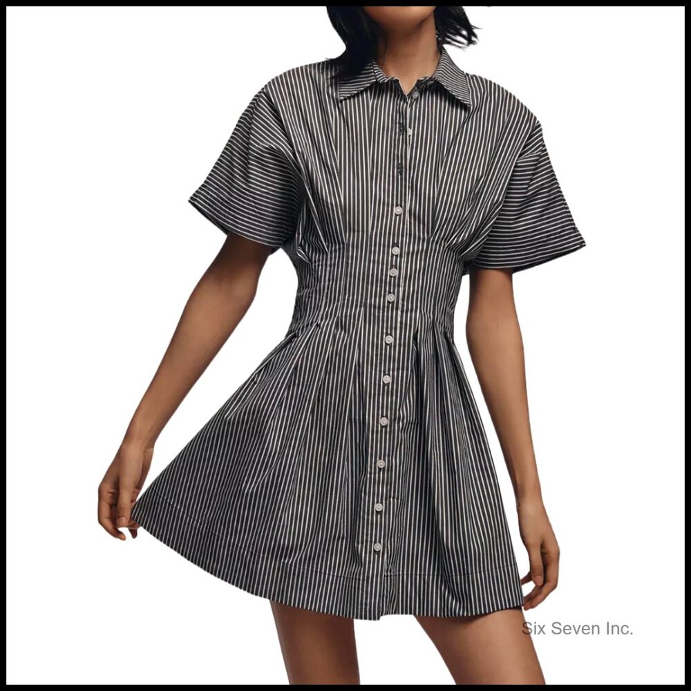 Button Front Pleated Shirt Dress Striped Short Sleeve Casual Mini Dress